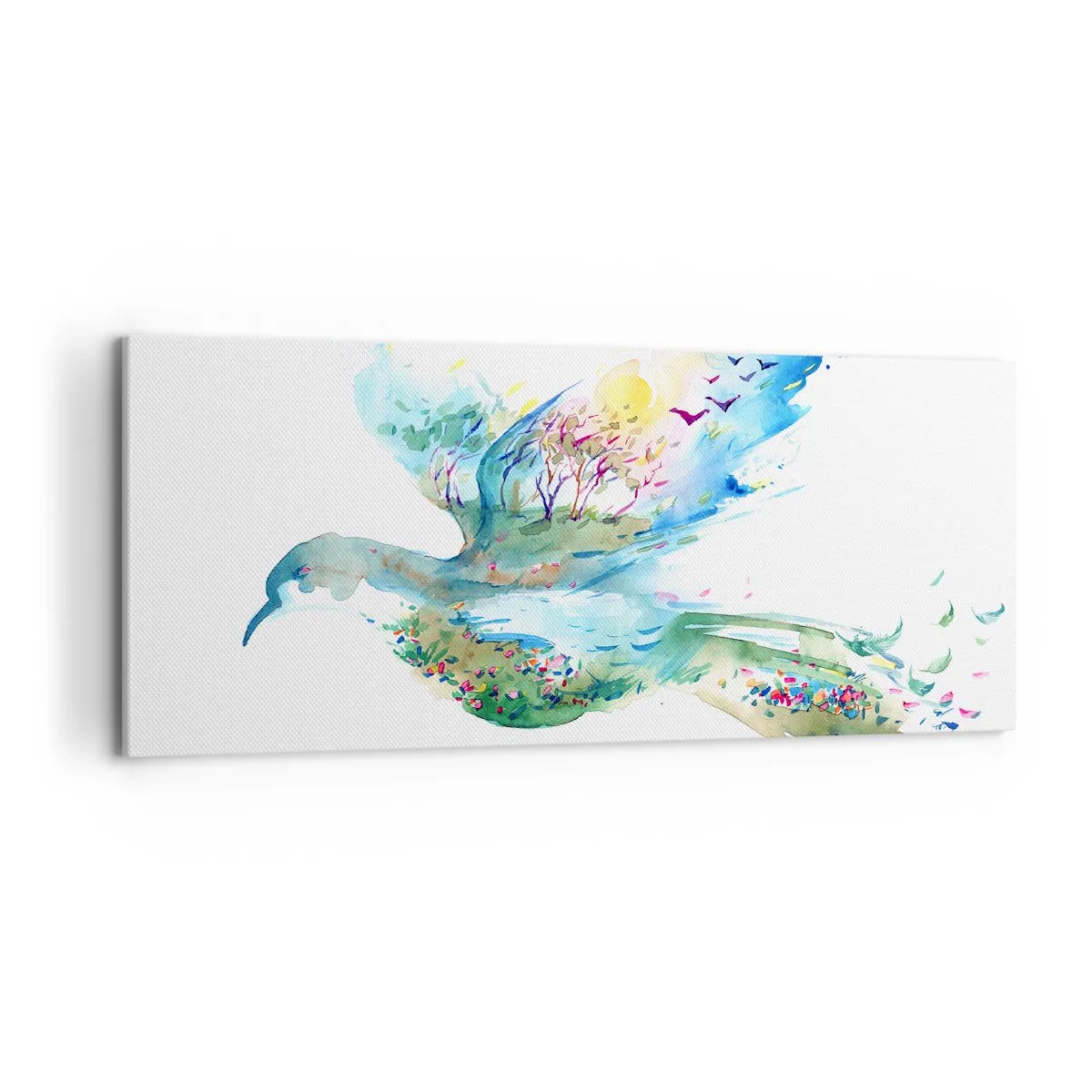 Obraz na płótnie - Akwarelowa kompozycja ptaka z elementami natury - 120x50cm - Na skrzydłach natury - Nowoczesna dekoracja ścienna do salonu i sypialni ARTTOR