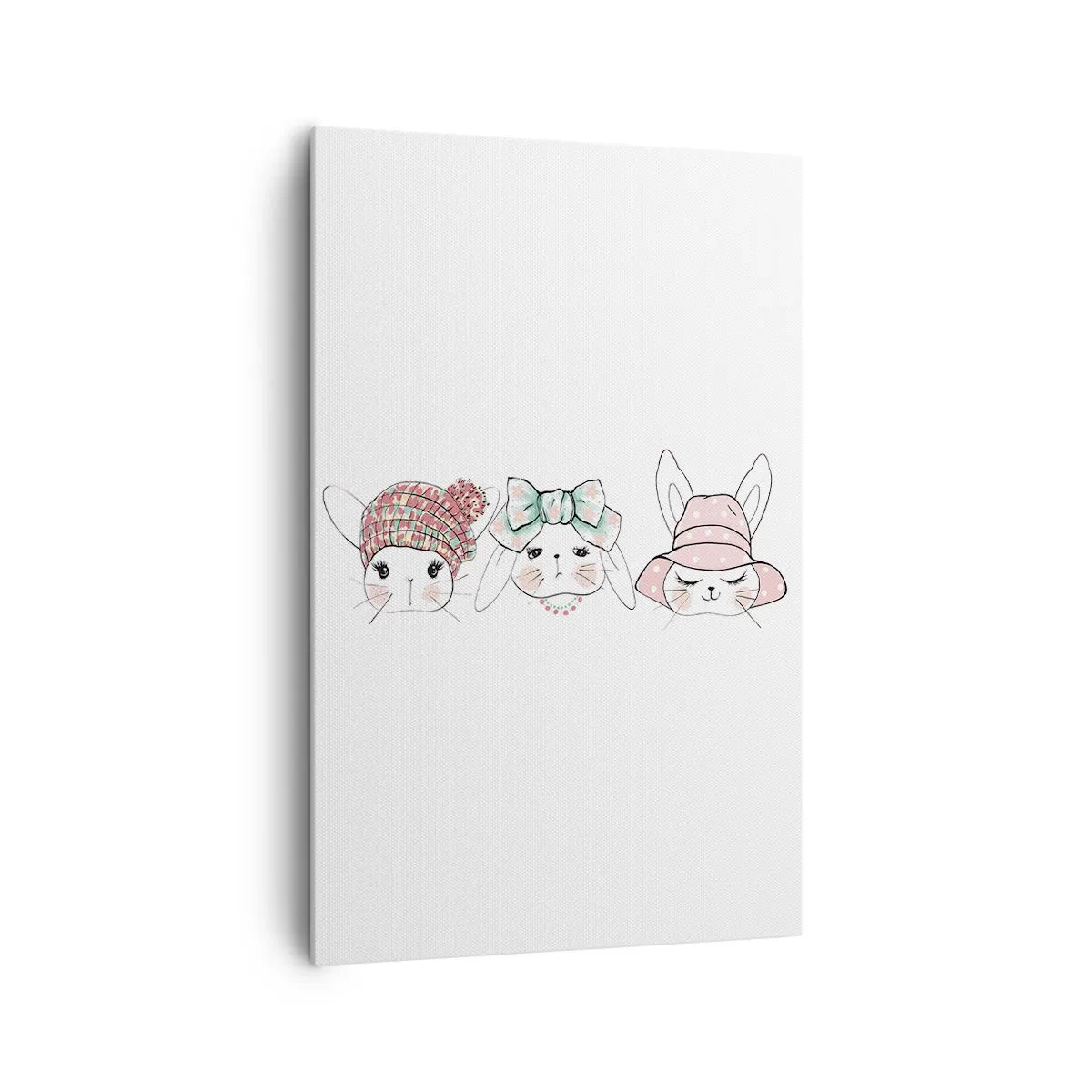 Obraz na płótnie - Urocze króliczki w pastelowych nakryciach głowy - 80x120cm - Zamyślona, smutna, zadowolona - Nowoczesna dekoracja ścienna do salonu i sypialni ARTTOR