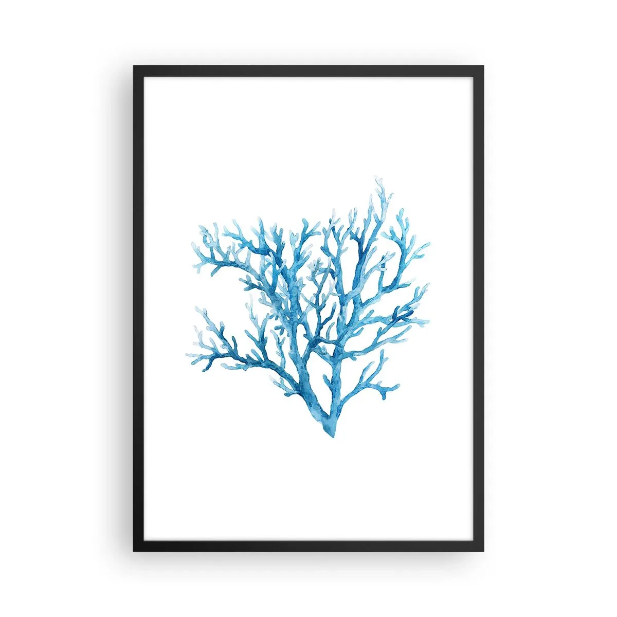 Plakat w czarnej ramie - Niebieski koral w stylu akwareli na białym tle - 50x70cm - Morski filigran - Nowoczesna dekoracja ścienna do salonu i sypialni ARTTOR