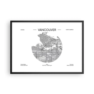 Plakat w czarnej ramie - Mapa Vancouver w minimalistycznym, czarno-białym stylu - 70x50cm - Anatomia Vancouver - Nowoczesna dekoracja ścienna do salonu i sypialni ARTTOR