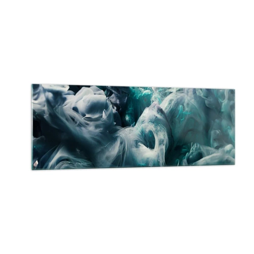 Obraz na szkle - Dynamiczne abstrakcyjne fale w odcieniach błękitu i bieli - 140x50cm - Ruch koloru - Nowoczesna dekoracja ścienna do salonu i sypialni ARTTOR