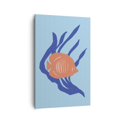 Obraz na płótnie - Pomarańczowa ryba pośród niebieskich wodorostów na błękitnym tle - 80x120cm - Mieszkanka wód koralowych - Nowoczesna dekoracja ścienna do salonu i sypialni ARTTOR