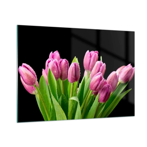 Obraz na szkle - Bukiet różowych tulipanów pokrytych kroplami wody na czarnym tle - 100x70cm - Liliowa radość wiosny - Nowoczesna dekoracja ścienna do salonu, kuchni i sypialni ARTTOR