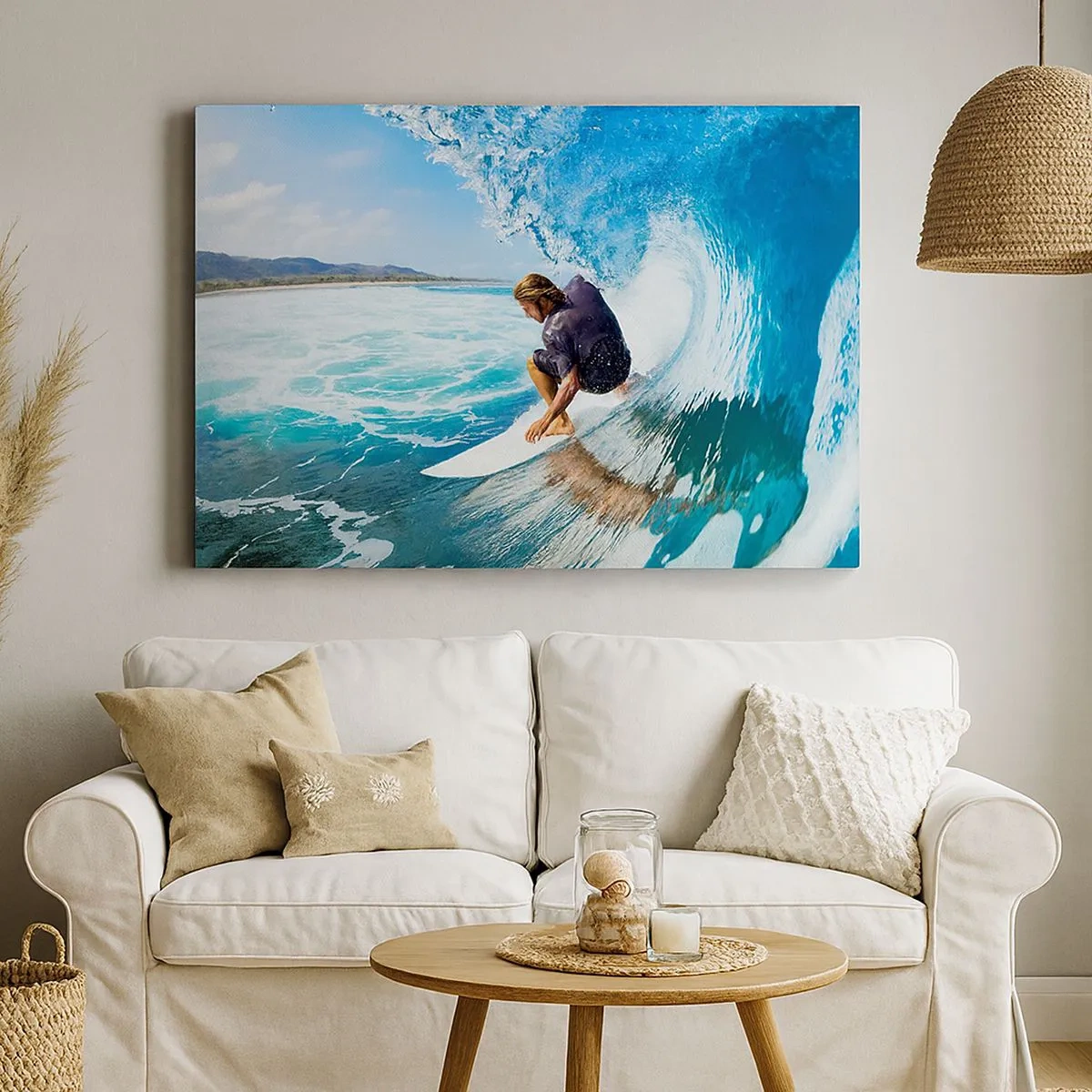 Obraz na płótnie - Surfer w dynamicznej pozie na fali w turkusowej wodzie - 70x50cm - Tańczący z falami - Nowoczesna dekoracja ścienna do salonu i sypialni ARTTOR