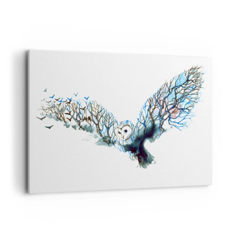 Obraz na płótnie - Artystyczna grafika sowy z rozpostartymi skrzydłami - 100x70cm - Na skrzydłach lasu - Nowoczesna dekoracja ścienna do salonu, kuchni i sypialni ARTTOR
