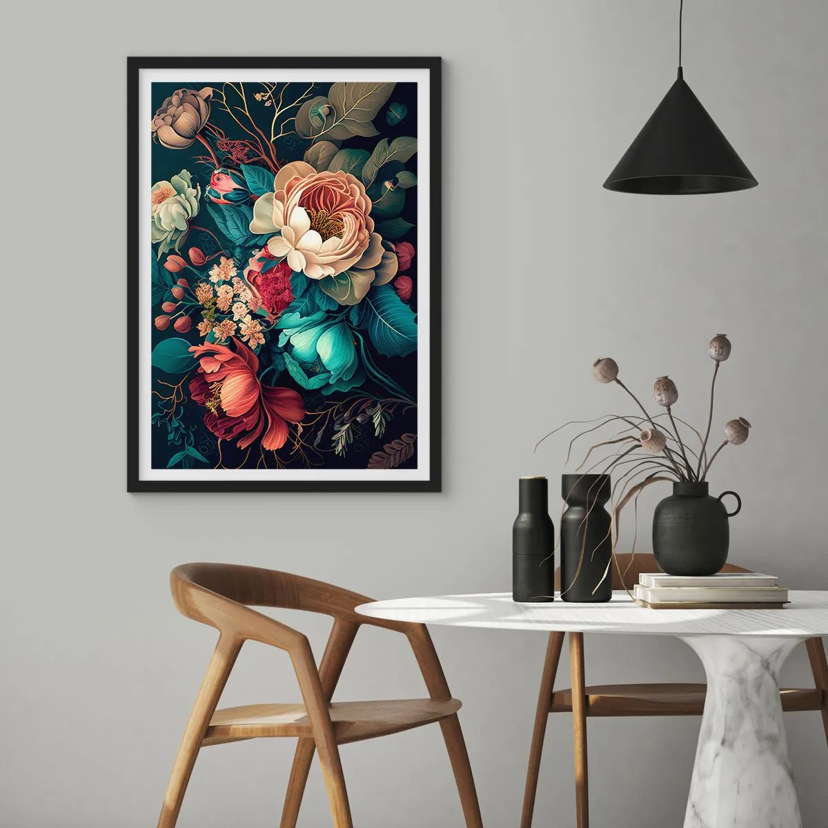 Plakat w czarnej ramie - Bukiet kwiatów w stylu barokowym na ciemnym tle - 50x70cm - XIX-wieczny czar - Nowoczesna dekoracja ścienna do salonu i sypialni ARTTOR