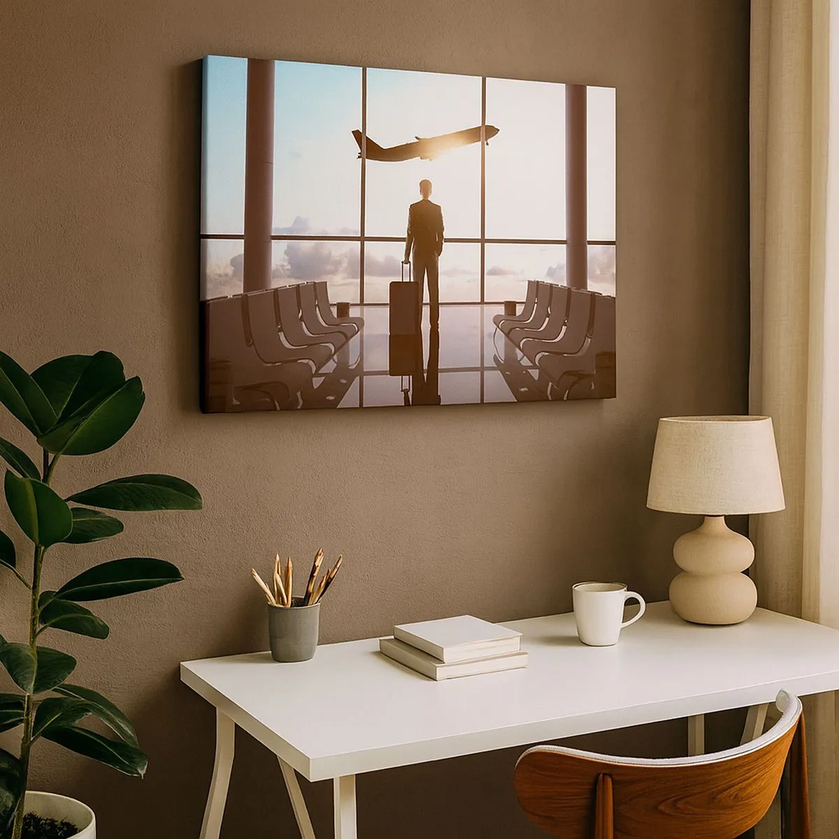 Obraz na płótnie - Biznesmen na lotnisku z samolotem w tle - 70x50cm - Masz czas, zwolnij - Nowoczesna dekoracja ścienna do salonu i sypialni ARTTOR