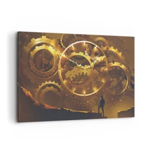 Obraz na płótnie - Złote zębate koła w surrealistycznej scenerii z postacią - 120x80cm - U źródeł czasu - Nowoczesna dekoracja ścienna do salonu, kuchni i sypialni ARTTOR