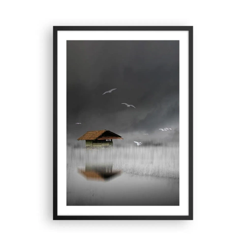 Plakat w czarnej ramie - Domek na wodzie otoczony mgłą z ptakami na ciemnym tle - 50x70cm - Schronienie przed deszczem - Nowoczesna dekoracja ścienna do salonu i sypialni ARTTOR