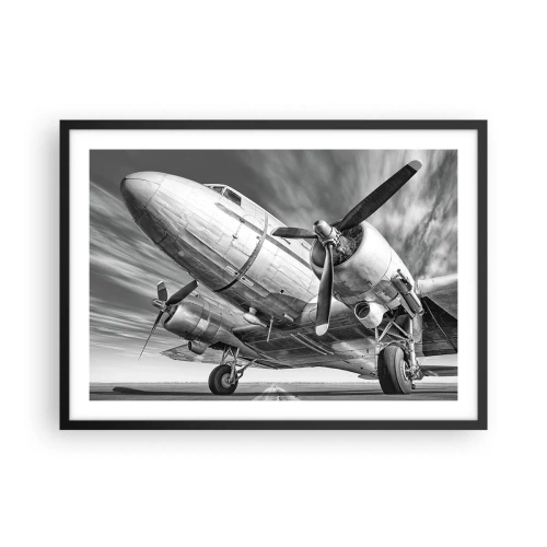 Plakat w czarnej ramie - Czarno-biały wizerunek klasycznego samolotu z widocznymi szczegółami konstrukcji - 70x50cm - Zawsze gotowy do lotu - Nowoczesna dekoracja ścienna do salonu i sypialni ARTTOR