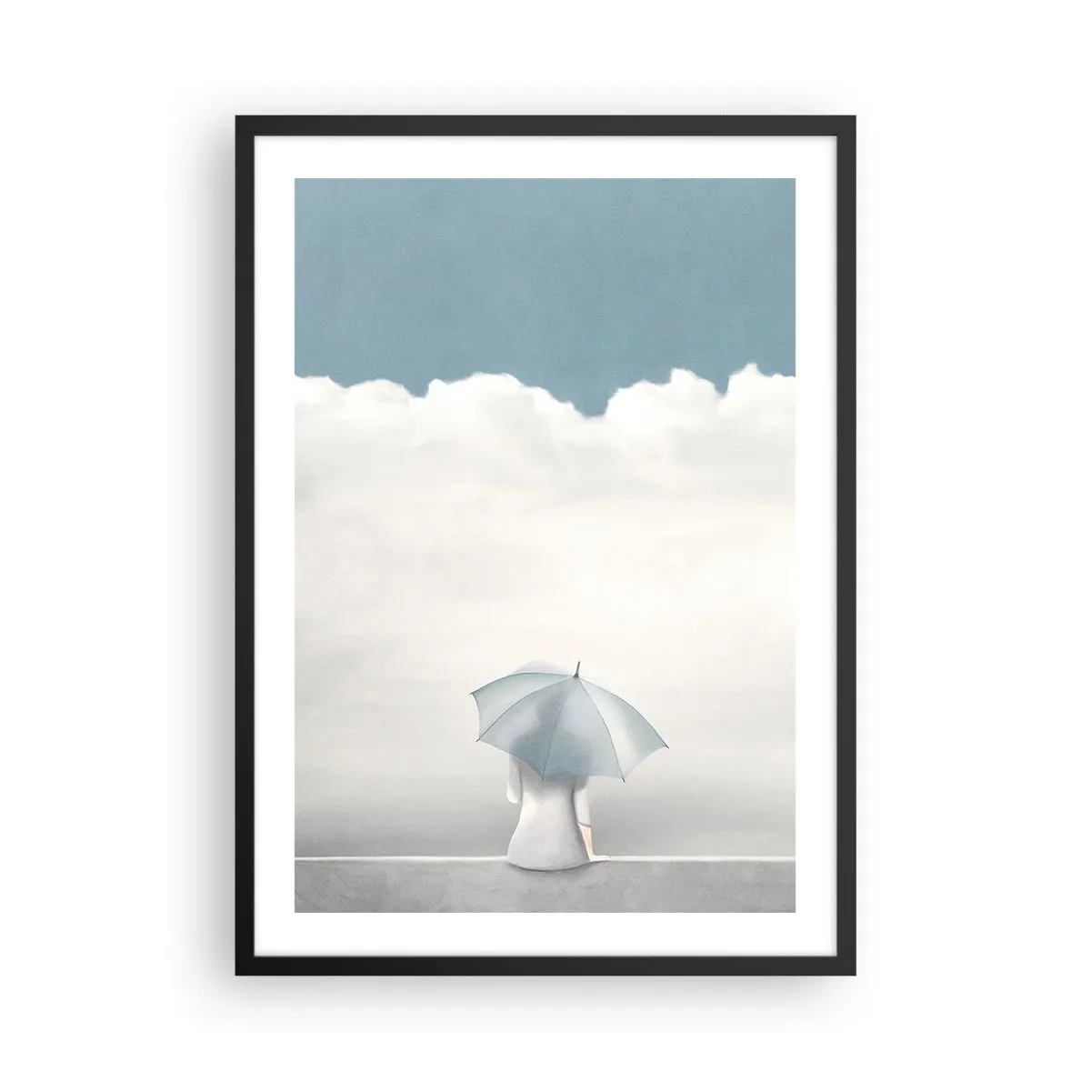 Plakat w czarnej ramie - Postać z parasolem siedząca na krawędzi wśród chmur - 50x70cm - Na krawędzi jawy i marzenia - Nowoczesna dekoracja ścienna do salonu i sypialni ARTTOR