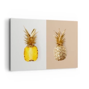 Obraz na płótnie - Połówka świeżego i złotego ananasa na kontrastowym tle - 100x70cm - Ananas dla nas - Nowoczesna dekoracja ścienna do salonu, kuchni i sypialni ARTTOR