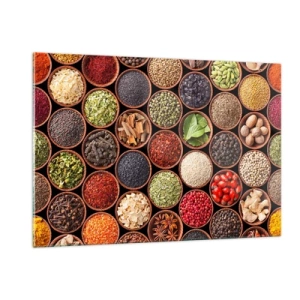 Obraz na szkle - Kompozycja różnorodnych przypraw w drewnianych miseczkach - 120x80cm - Wszystkie smaki świata - Nowoczesna dekoracja ścienna do salonu, kuchni i sypialni ARTTOR