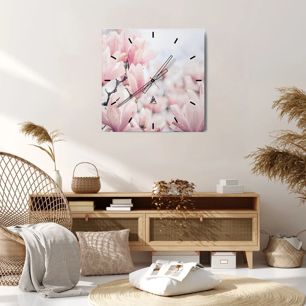 Zegar ścienny - Subtelne kwiaty magnolii w delikatnych różowych odcieniach - 30x30cm - Ideał subtelności - Nowoczesna dekoracja ścienna do salonu i sypialni ARTTOR