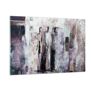 Obraz na szkle - Abstrakcyjne sylwetki postaci na tle w fakturze farby - 120x80cm - Tajemnicza trójka - Nowoczesna dekoracja ścienna do salonu, kuchni i sypialni ARTTOR