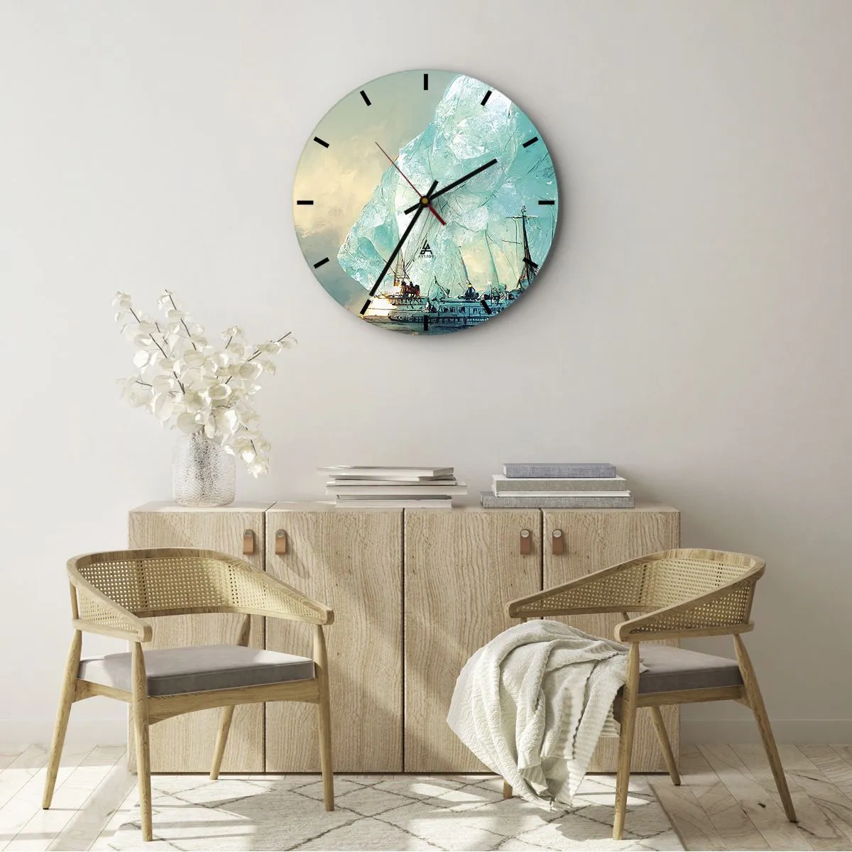 Zegar ścienny - Statek wśród błękitnych gór lodowych na tle nieba - 30x30cm - Arktyczny brylant - Nowoczesna dekoracja ścienna do salonu, kuchni i sypialni ARTTOR