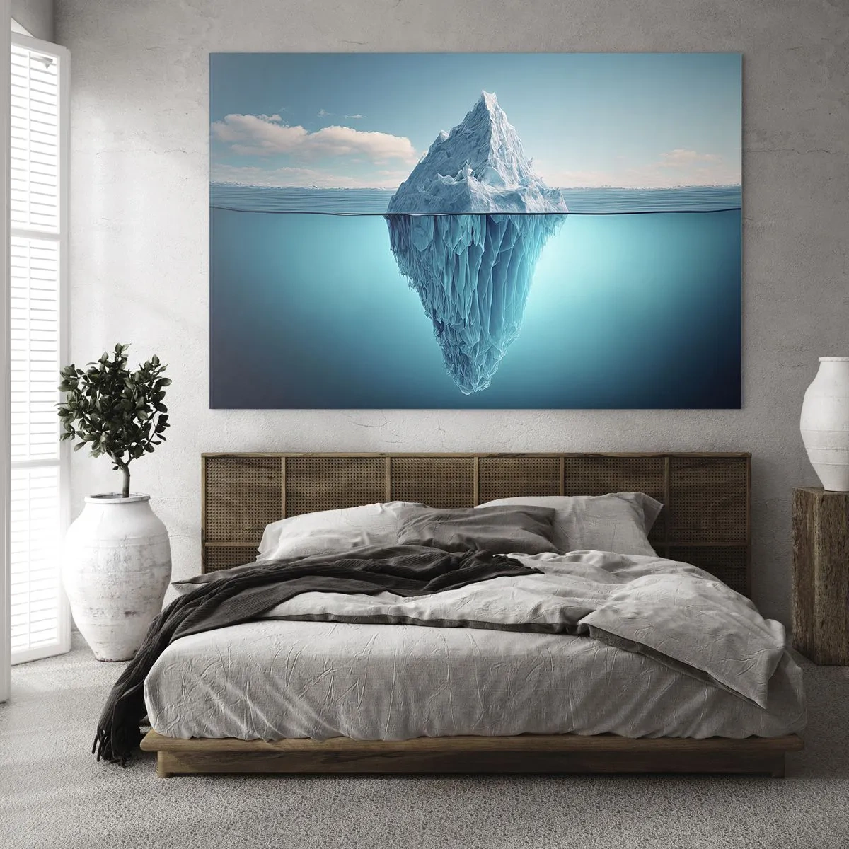 Obraz na szkle - Góra lodowa unosząca się na oceanie z widoczną częścią pod wodą - 70x50cm - Królowa lodu - Nowoczesna dekoracja ścienna do salonu i sypialni ARTTOR