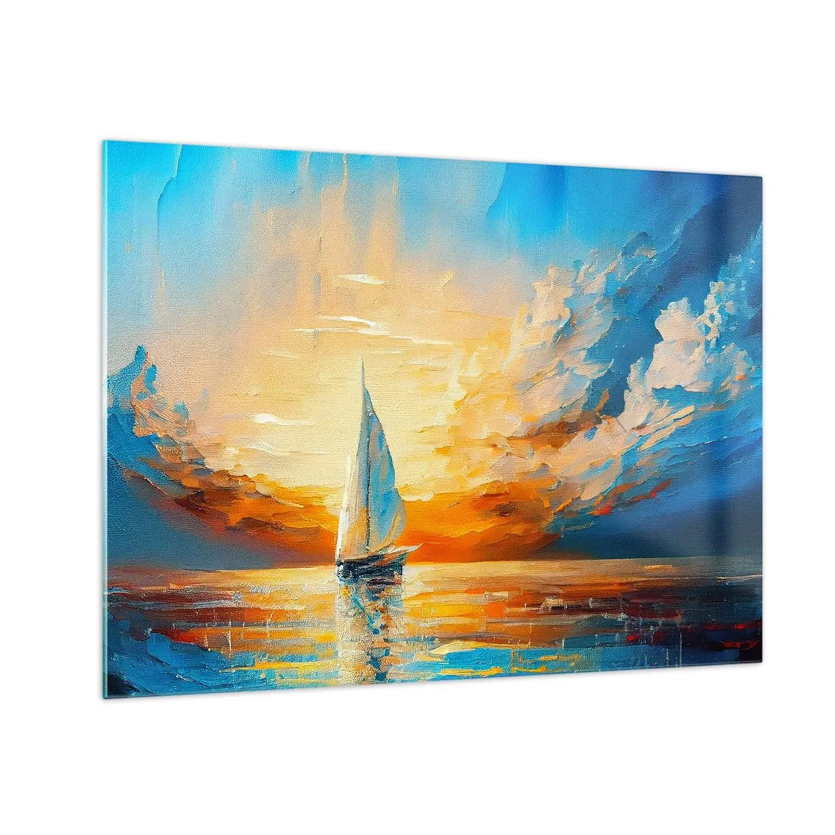 Obraz na szkle - Żaglówka na morzu w świetle zachodzącego słońca - 70x50cm - Żegluga w złocie - Nowoczesna dekoracja ścienna do salonu i sypialni ARTTOR