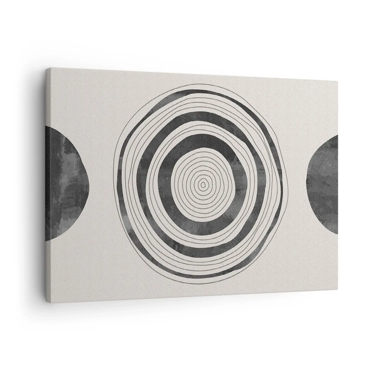 Obraz na płótnie - Minimalistyczne czarno-białe okręgi na jasnym tle - 70x50cm - Ważne to co pomiędzy - Nowoczesna dekoracja ścienna do salonu i sypialni ARTTOR