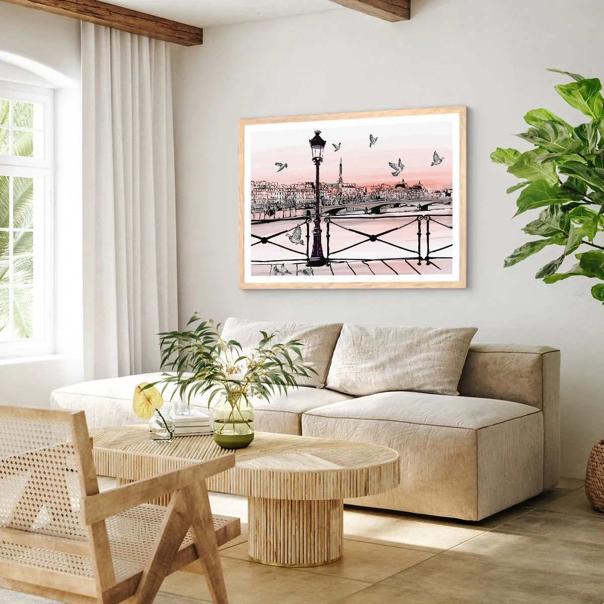 Plakat w ramie jasny dąb - Nad dachami Paryża - 50x40 cm