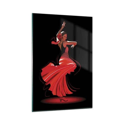 Obraz na szkle - Tancerka flamenco w czerwonej sukni na czarnym tle - 80x120cm - Ognisty duch flamenco - Nowoczesna dekoracja ścienna do salonu i sypialni ARTTOR