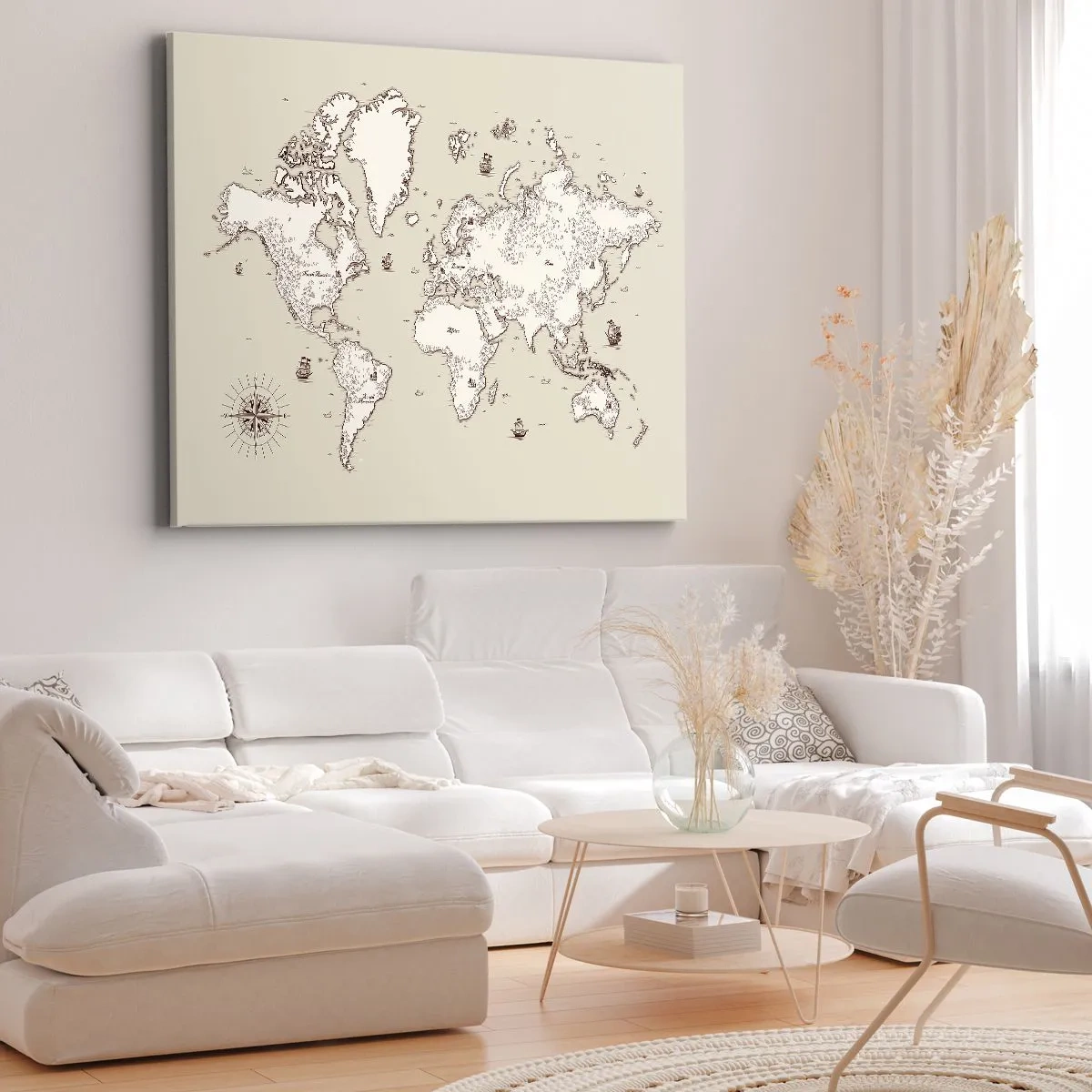 Obraz na płótnie - Stylizowana mapa świata w odcieniach beżu i brązu - 70x50cm - Podróż dookoła świata - Nowoczesna dekoracja ścienna do salonu i sypialni ARTTOR