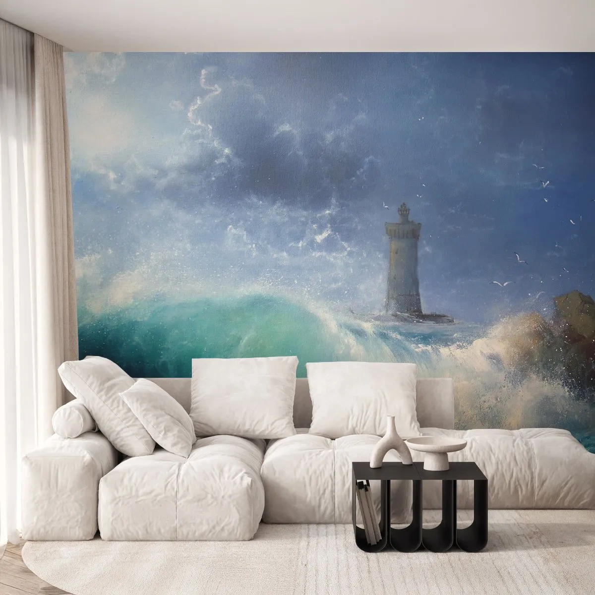 Fototapeta Premium Sand - Latarnia morska pośród wzburzonych fal oceanu - 100x70cm - Na straży przeciw żywiołom - Nowoczesna dekoracja ścienna do salonu, kuchni i sypialni ARTTOR