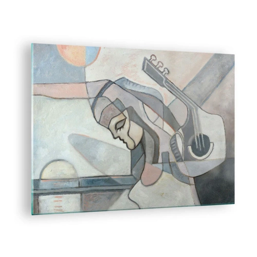 Obraz na szkle - Artystyczna postać kobiety z gitarą w pastelowych barwach - 70x50cm - We władzy muzyki - Nowoczesna dekoracja ścienna do salonu i sypialni ARTTOR
