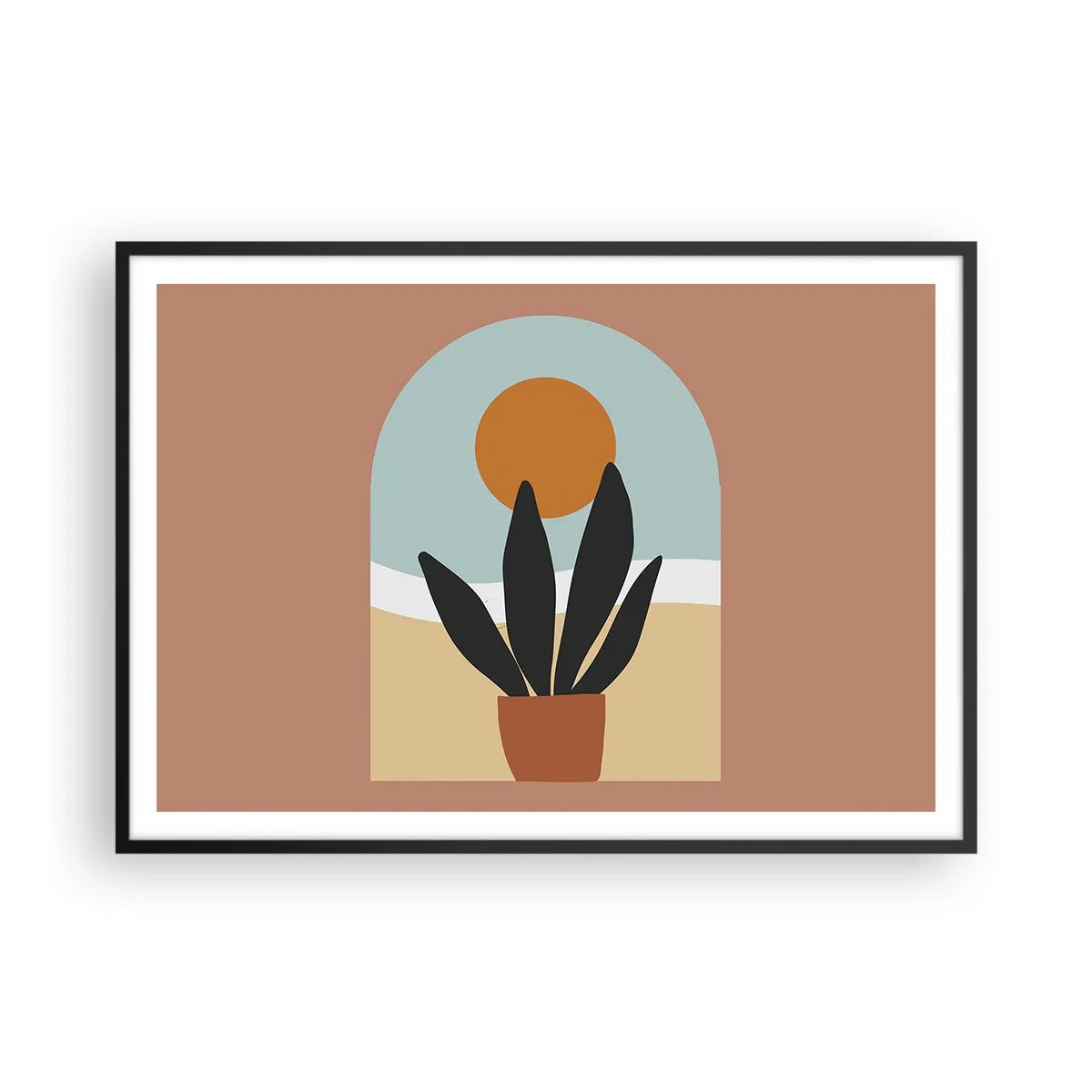Plakat w czarnej ramie - Czarna roślina w doniczce na tle słońca - 100x70cm - Drobne radości - Nowoczesna dekoracja ścienna do salonu i sypialni ARTTOR