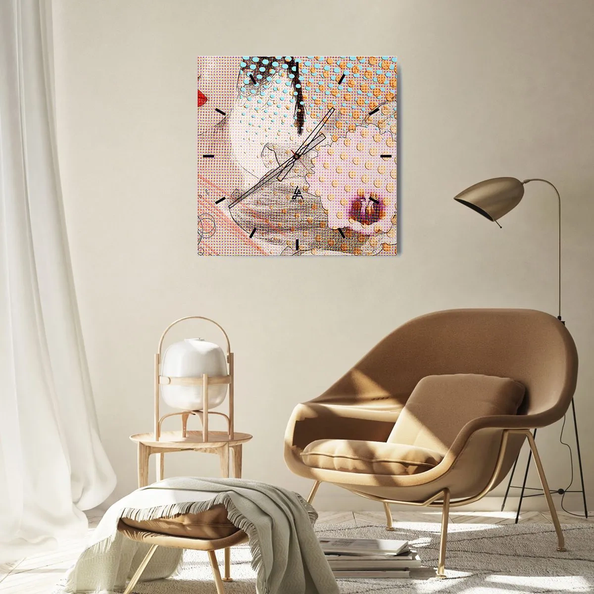 Zegar ścienny - Abstrakcyjna grafika z motywem ust i orchidei - 30x30cm - Komiksowa heroina - Nowoczesna dekoracja ścienna do salonu i sypialni ARTTOR
