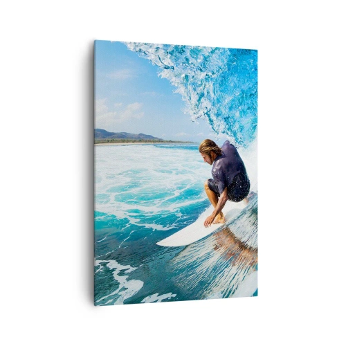 Obraz na płótnie - Surfer w dynamicznej pozie na fali w turkusowej wodzie - 70x100cm - Tańczący z falami - Nowoczesna dekoracja ścienna do salonu i sypialni ARTTOR