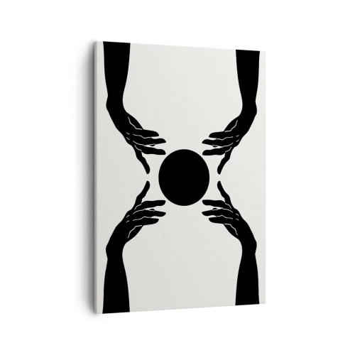 Obraz na płótnie - Minimalistyczna grafika czterech dłoni wokół czarnej kuli - 50x70cm - Tajemny znak - Nowoczesna dekoracja ścienna do salonu, kuchni i sypialni ARTTOR