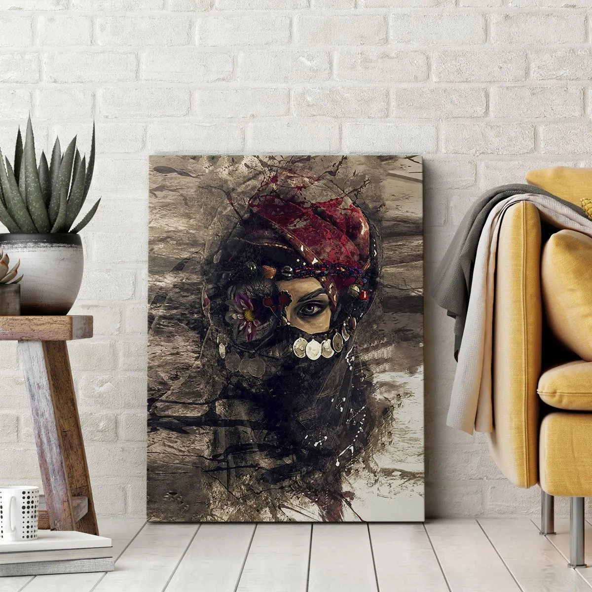 Obraz na płótnie - Artystyczny portret kobiety w orientalnym stroju na abstrakcyjnym tle - 80x120cm - Co najmniej niepokojąca - Nowoczesna dekoracja ścienna do salonu i sypialni ARTTOR
