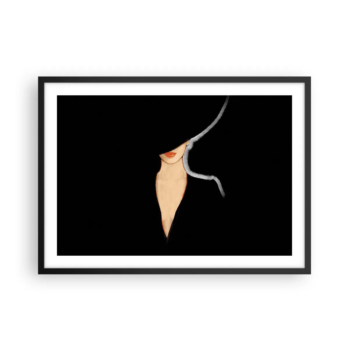 Plakat w czarnej ramie - Sylwetka kobiety w kapeluszu na czarnym tle - 70x50cm - Elegancja i styl - Nowoczesna dekoracja ścienna do salonu i sypialni ARTTOR