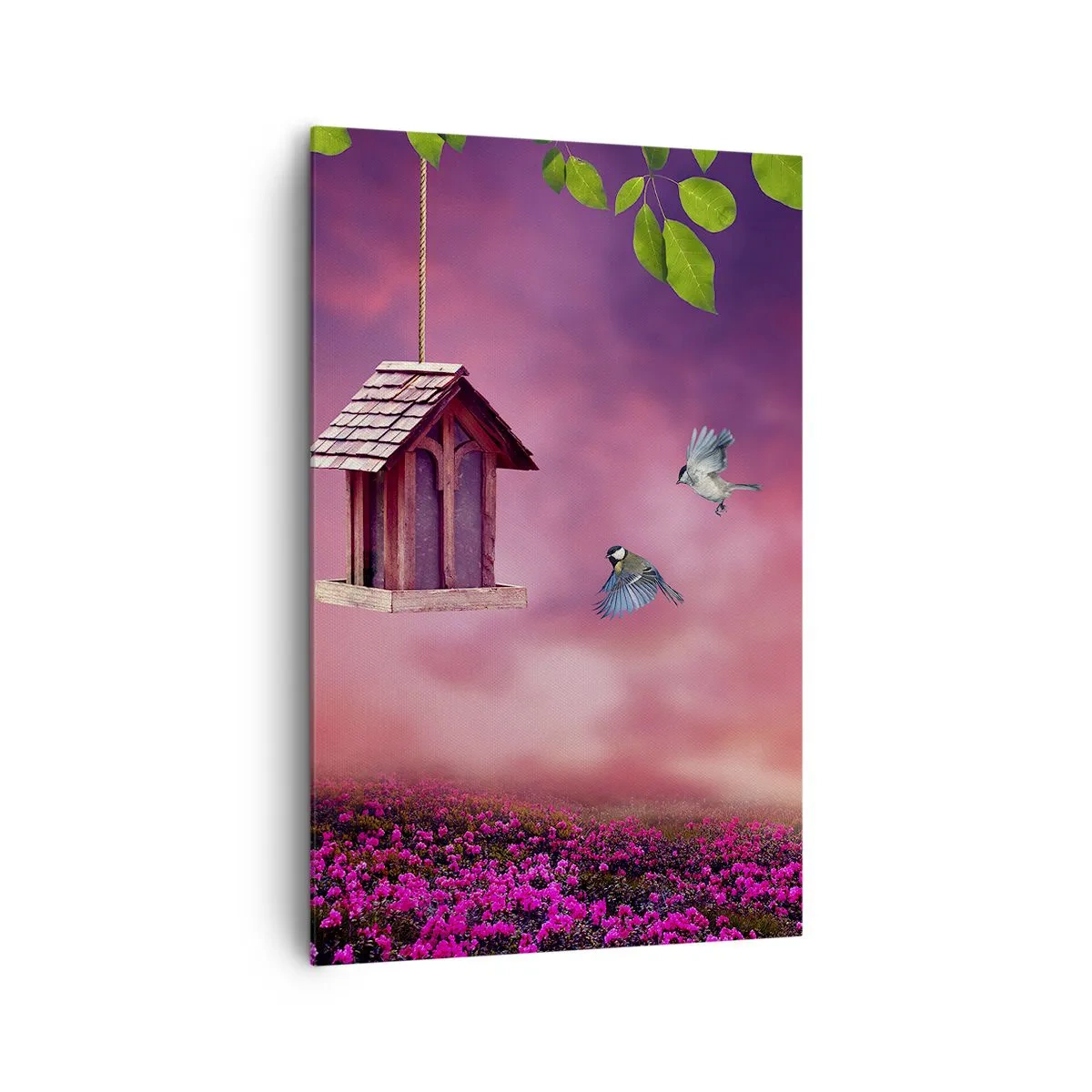 Obraz na płótnie - Malowniczy krajobraz z budką dla ptaków i zachodem słońca - 80x120cm - Zaproszenie na kolację - Nowoczesna dekoracja ścienna do salonu i sypialni ARTTOR