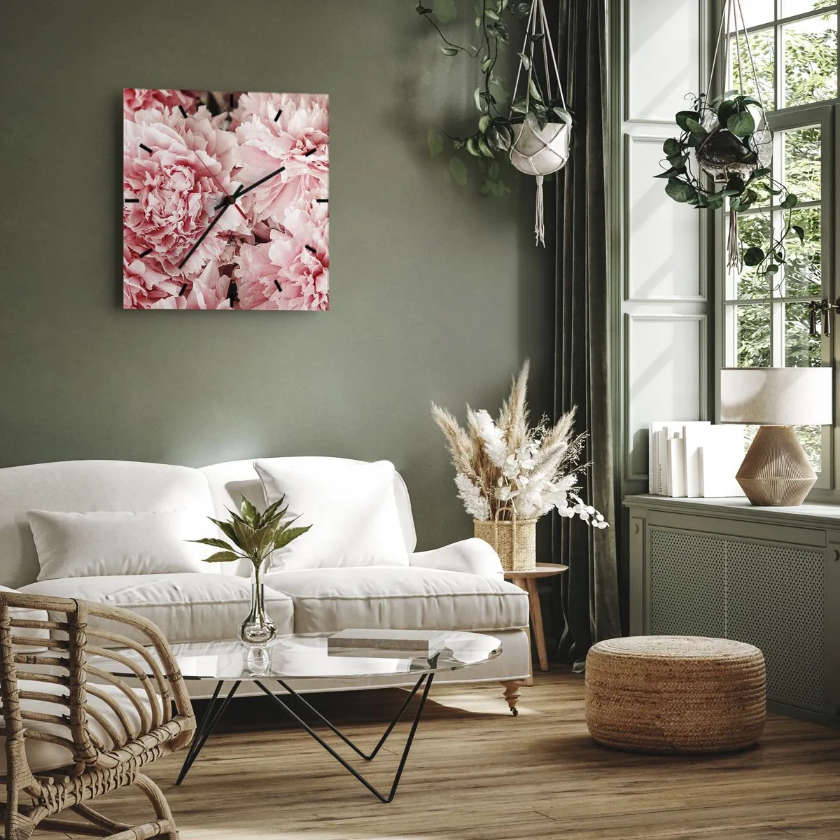Zegar ścienny - Subtelne różowe piwonie w delikatnym ujęciu - 30x30cm - Różowe marzenie - Nowoczesna dekoracja ścienna do salonu i sypialni ARTTOR