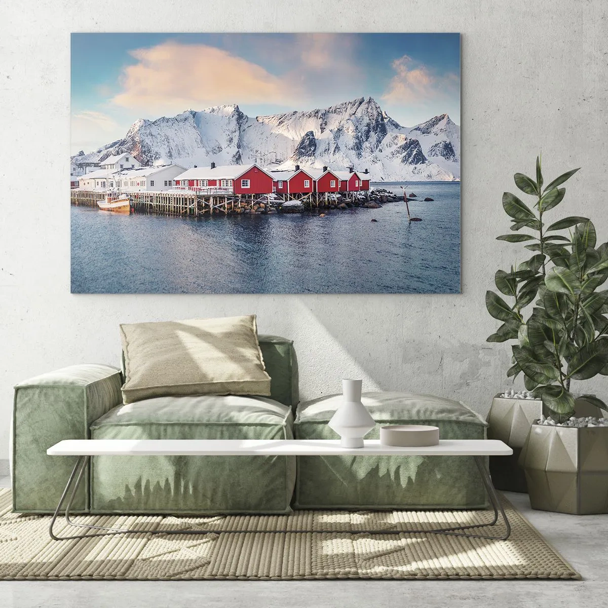 Obraz na szkle - Czerwone domki rybackie nad fiordem z górami w tle - 70x50cm - Północne ustronie - Nowoczesna dekoracja ścienna do salonu i sypialni ARTTOR