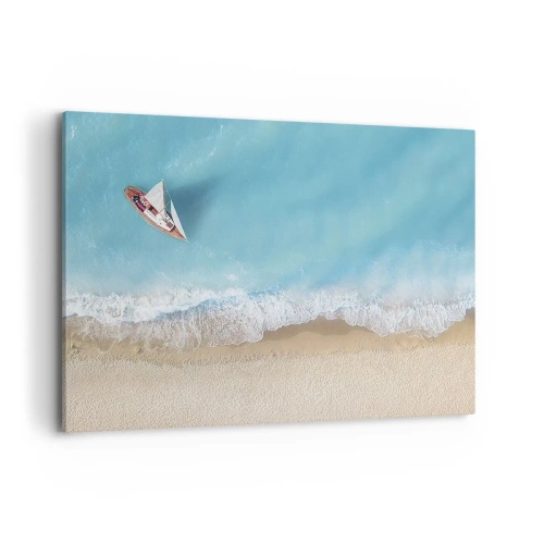 Obraz na płótnie - Łódka przy plaży w widoku z lotu ptaka - 100x70cm - Na granicy błękitu i złota - Nowoczesna dekoracja ścienna do salonu, kuchni i sypialni ARTTOR