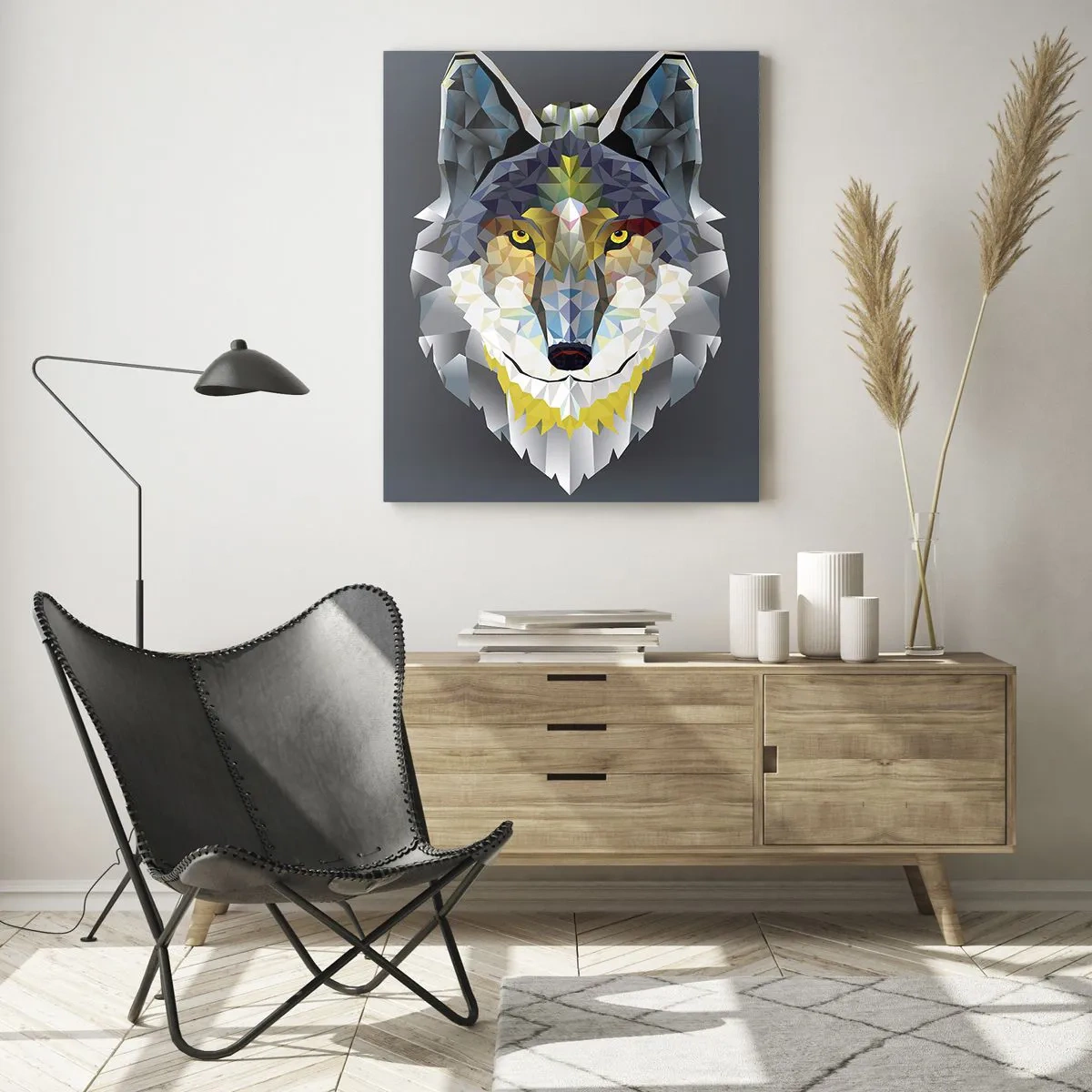 Obraz na szkle - Wilk w geometrycznym stylu na ciemnym tle - 50x70cm - O wilku mowa - Nowoczesna dekoracja ścienna do salonu, kuchni i sypialni ARTTOR