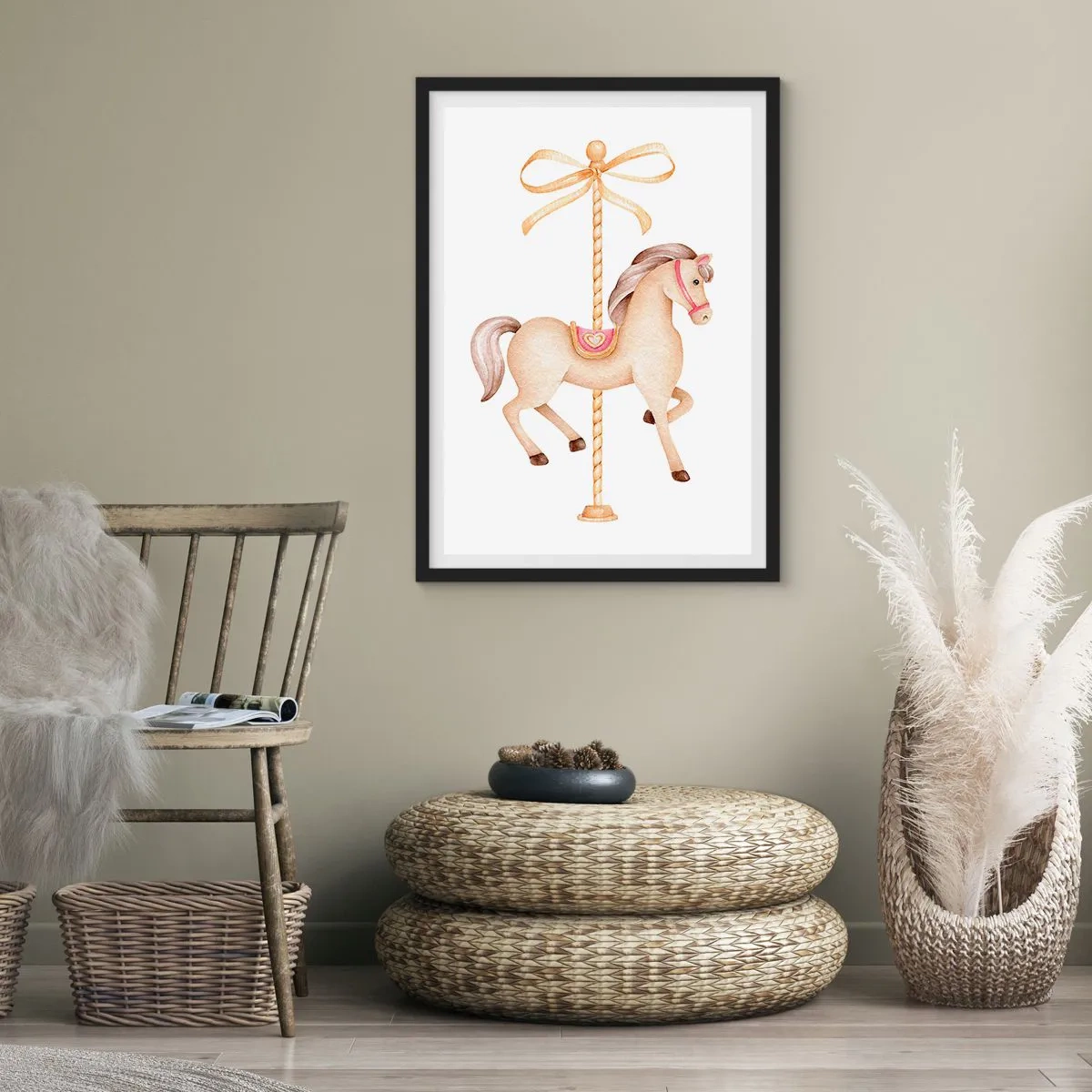 Plakat w czarnej ramie - Delikatna ilustracja konika karuzelowego w pastelach - 50x70cm - Wdzięcznym kłusem - Nowoczesna dekoracja ścienna do salonu i sypialni ARTTOR