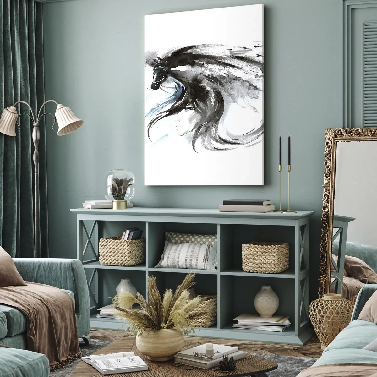 Obraz na płótnie - Kobieta i koń w artystycznej, dynamicznej kompozycji - 50x70cm - Galop Czarnego Księcia - Nowoczesna dekoracja ścienna do salonu, kuchni i sypialni ARTTOR