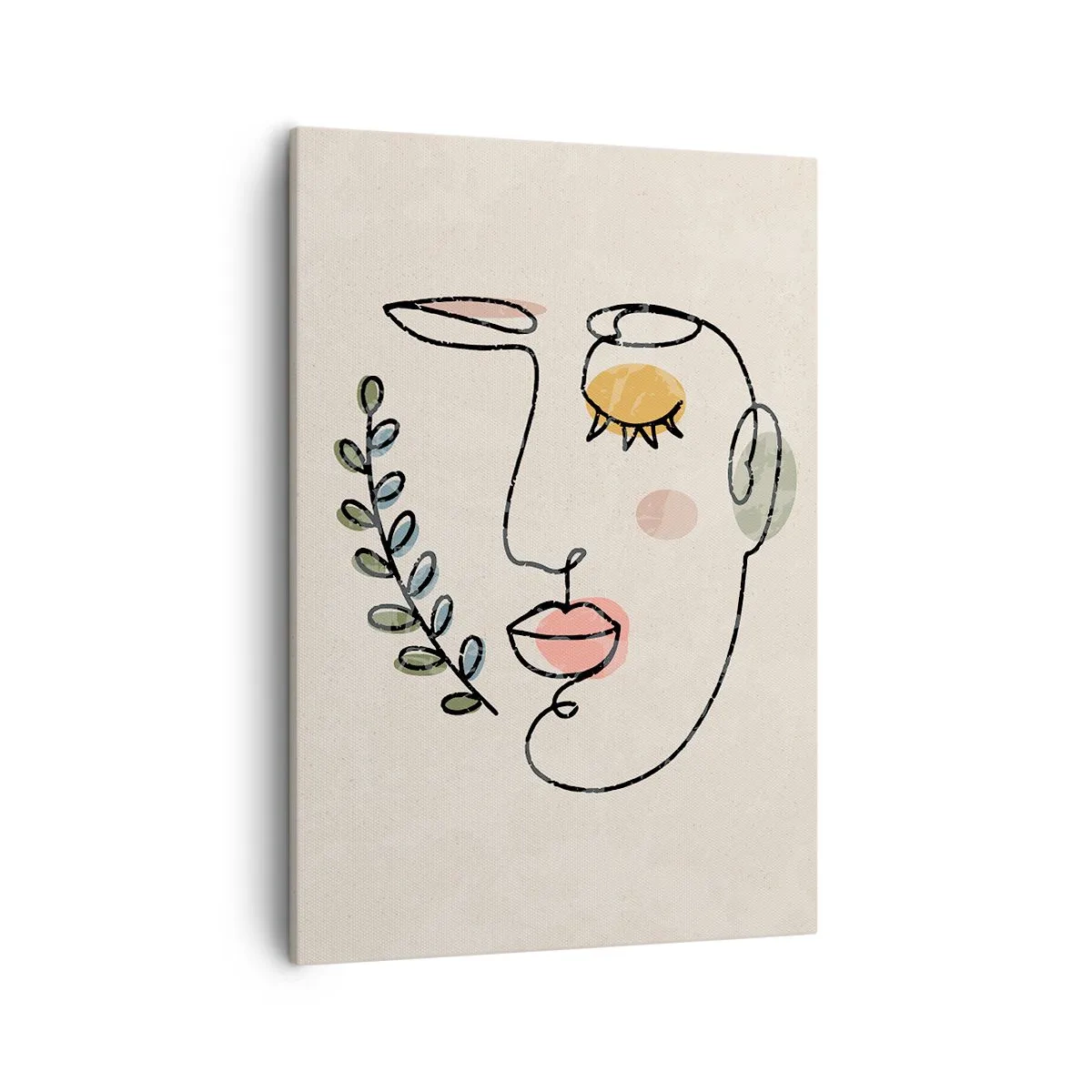 Obraz na płótnie - Spokój odnaleziony - Minimalistyczny rysunek twarzy z roślinnym motywem na jasnym tle - 50x70cm