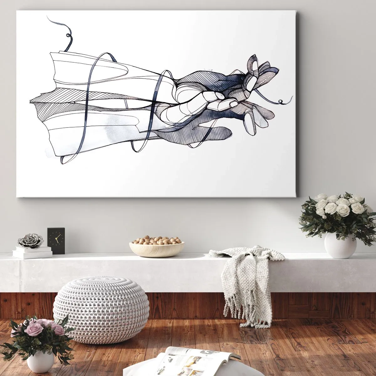 Obraz na płótnie - Subtelny rysunek dłoni z delikatnym kwiatem - 70x50cm - Studium dotyku - Nowoczesna dekoracja ścienna do salonu i sypialni ARTTOR