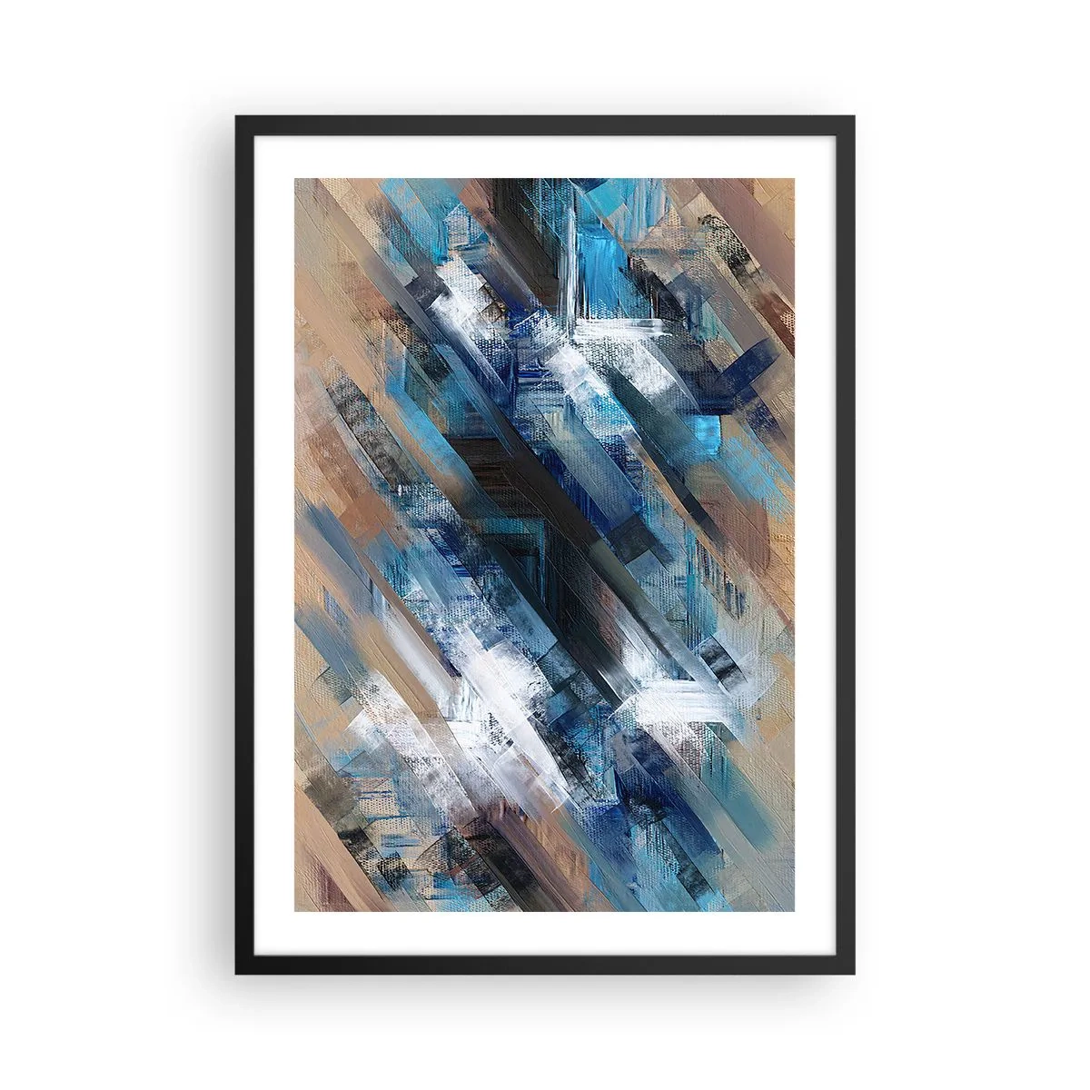 Plakat w czarnej ramie - Abstrakcyjna kompozycja z diagonalnymi liniami w odcieniach niebieskiego - 50x70cm - Po błękitnym skosie - Nowoczesna dekoracja ścienna do salonu i sypialni ARTTOR