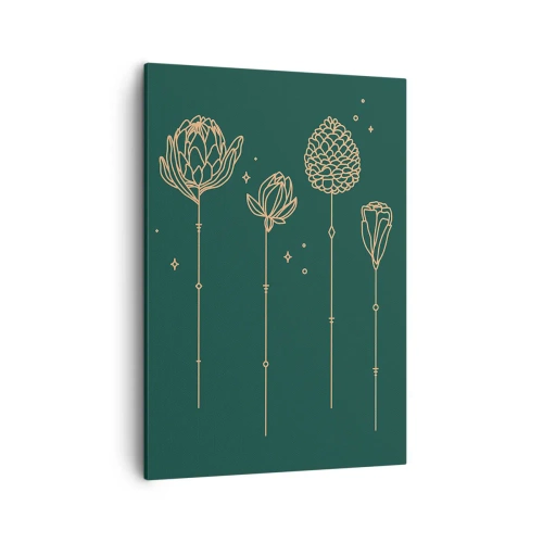 Obraz na płótnie - Minimalistyczna ilustracja złotych kwiatów na ciemnozielonym tle. - 50x70cm - Rodzina ZIÓŁkowskich - Nowoczesna dekoracja ścienna do salonu, kuchni i sypialni ARTTOR