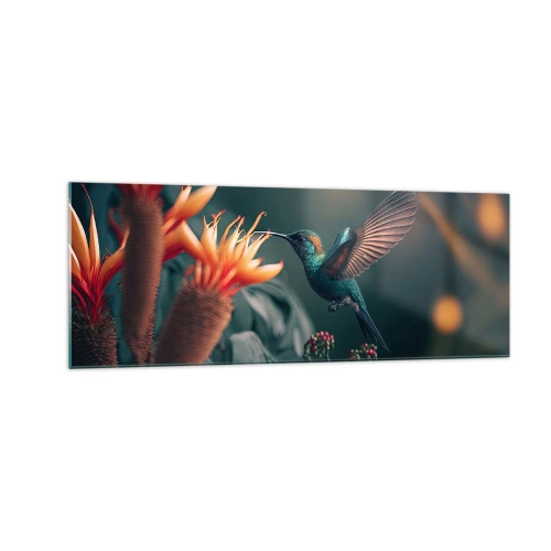 Obraz na szkle - Kolorowy koliber przy kwiatach na tle natury - 140x50cm - naprawdę barwne życie - Nowoczesna dekoracja ścienna do salonu i sypialni ARTTOR