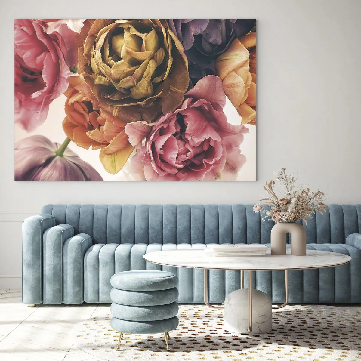 Obraz na szkle - Bukiet wielobarwnych kwiatów w zbliżeniu - 70x50cm - Święto życia - Nowoczesna dekoracja ścienna do salonu i sypialni ARTTOR