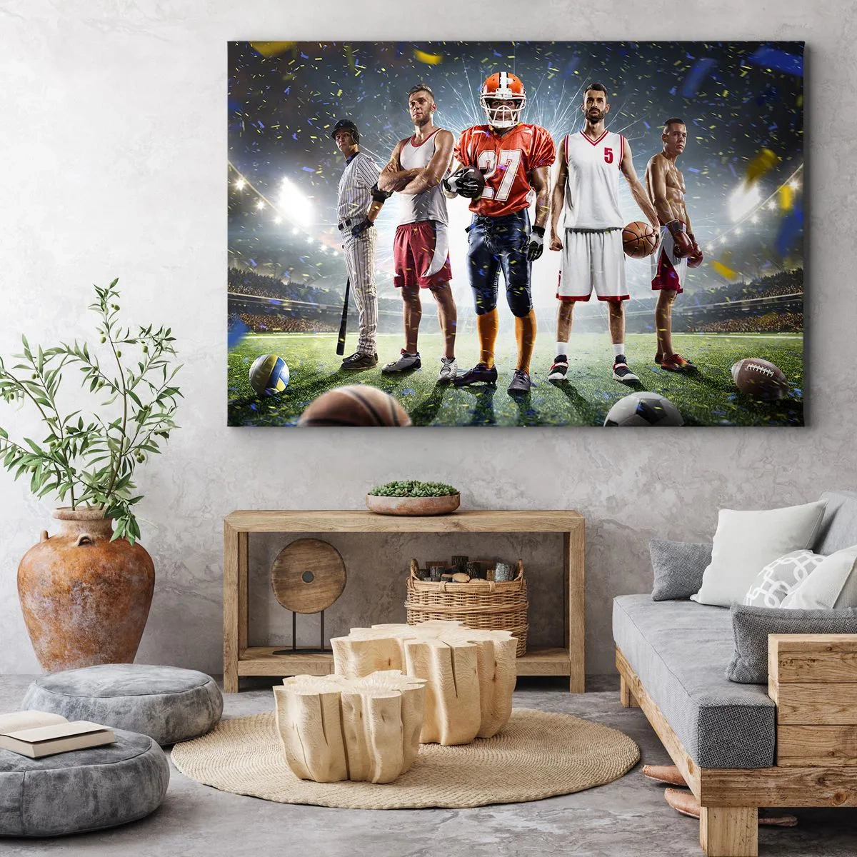 Obraz na płótnie - Dynamiczna scena sportowców różnych dyscyplin na stadionie w świetle reflektorów - 100x70cm - Gladiatorzy boisk - Nowoczesna dekoracja ścienna do salonu, kuchni i sypialni ARTTOR