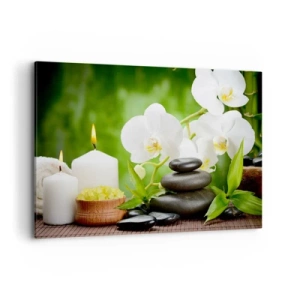 Obraz na płótnie - Orchidee, świece i kamienie w otoczeniu natury - 100x70cm - Wonny, kwiatowy, delikatny dotyk - Nowoczesna dekoracja ścienna do salonu, kuchni i sypialni ARTTOR
