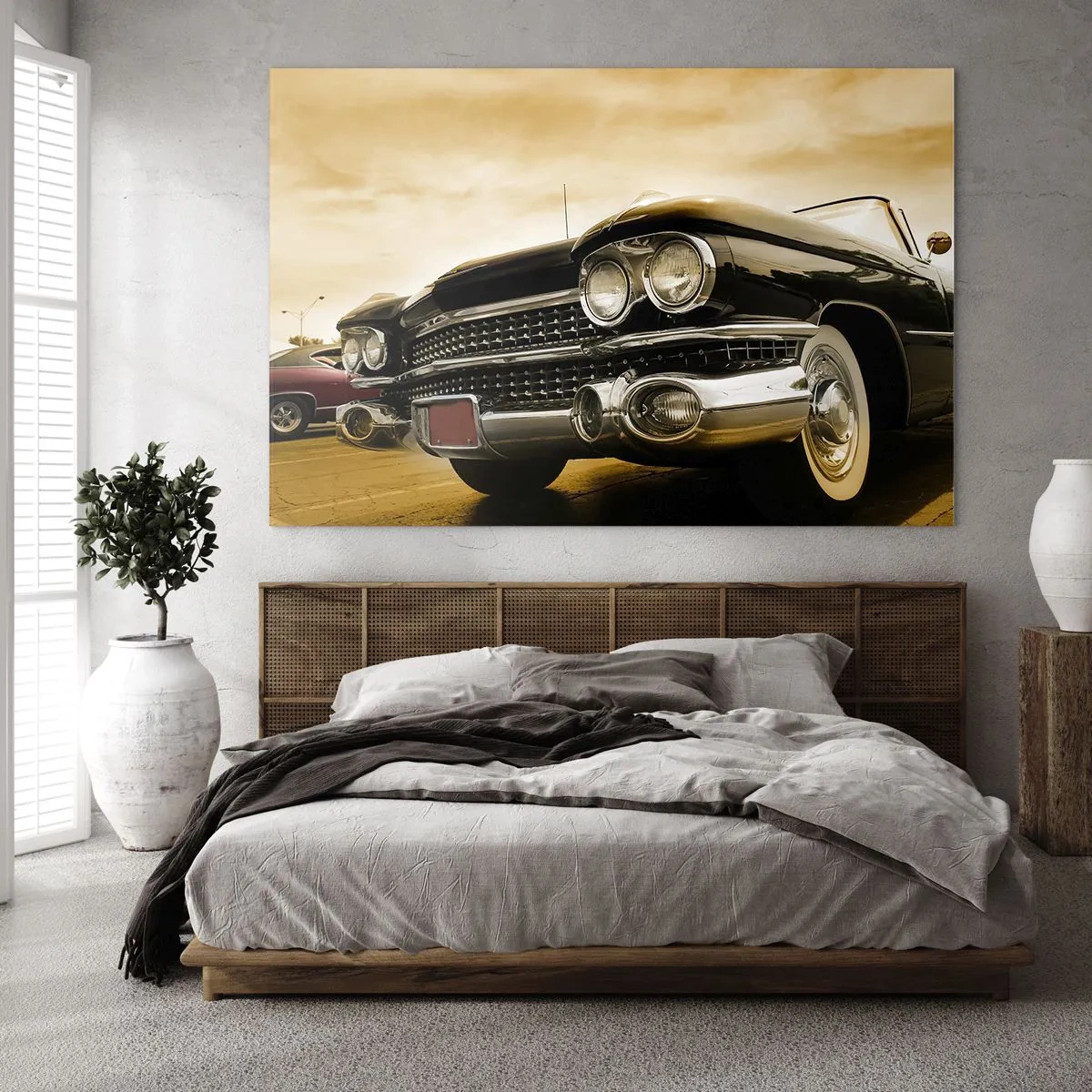 Obraz na szkle - Przód klasycznego samochodu w eleganckim stylu retro - 70x50cm - Klasyka nigdy nie przemija - Nowoczesna dekoracja ścienna do salonu i sypialni ARTTOR